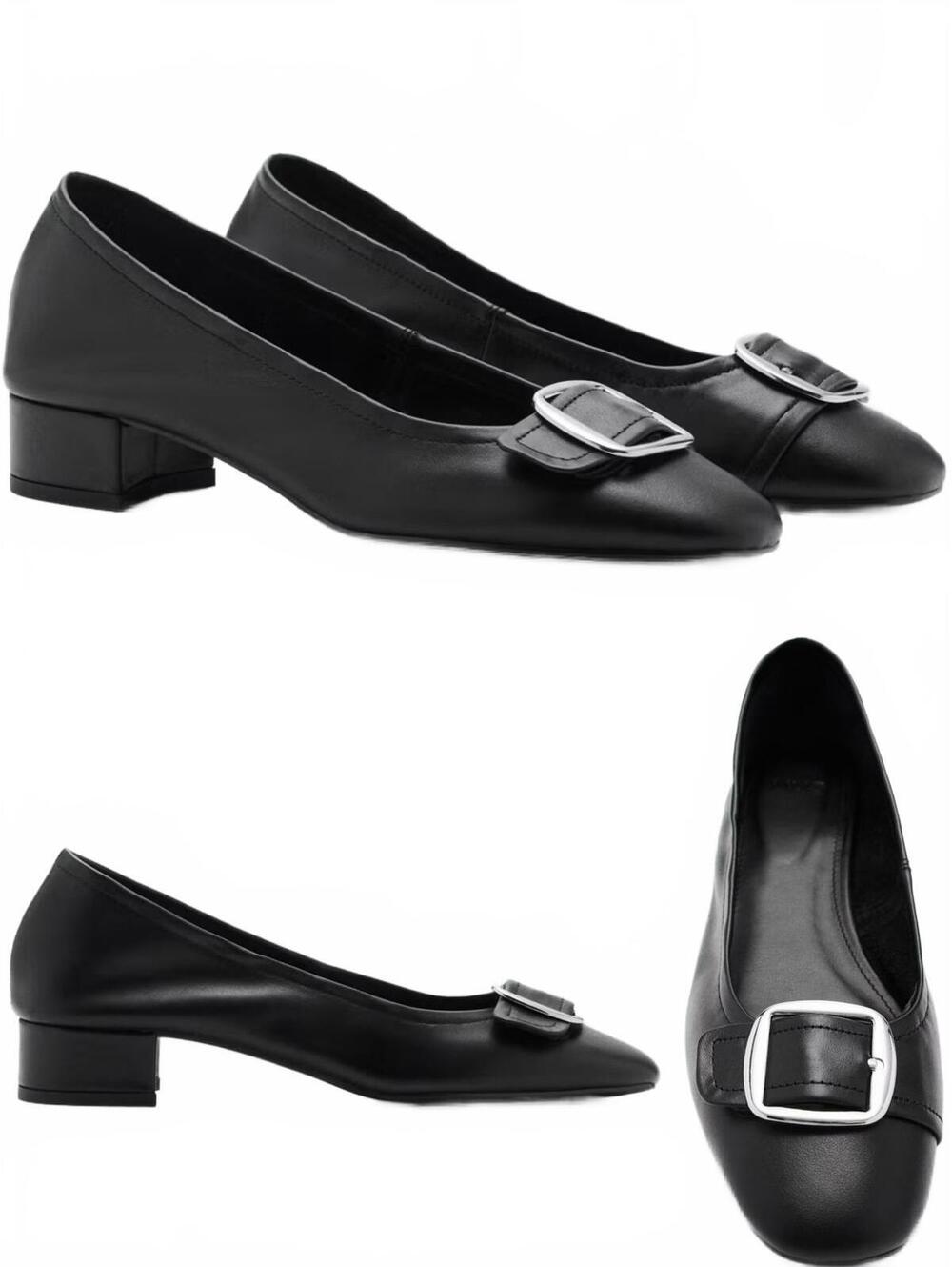Mango Buckle Leather Shoes Block Heel NIB Black Size US 6.5 / EU 37
